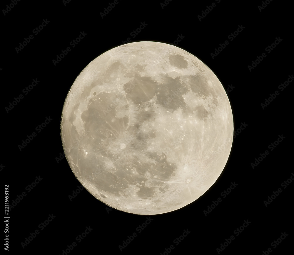 Fototapeta premium Bright full moon illuminating dark sky for lunar astronomy and space exploration.