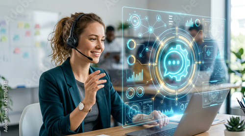 Customer service agent woman working on laptop in modern office with holographic HUD interface, interacting with digital chat support system, artificial intelligence technology concept, professional