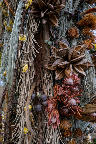 Photography Dried Botanical Sculpture with Protea, Seed Pods, and Native Australian Flora at Chelsea Flower Show