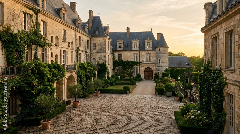 Obraz premium Historic Chateau Courtyard with Lush Green Ivy at Sunset