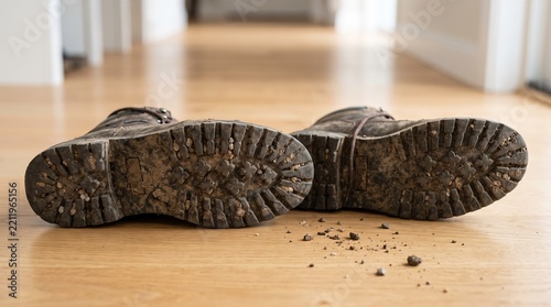 Dirty footwear ruins a clean home interior after a walk in the wet mud.