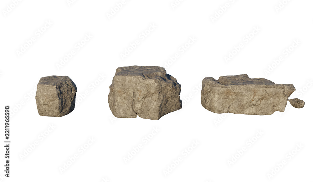Fototapeta premium Three Realistic Stone Boulders 3D Rendering Cutout On White Background For Design Use