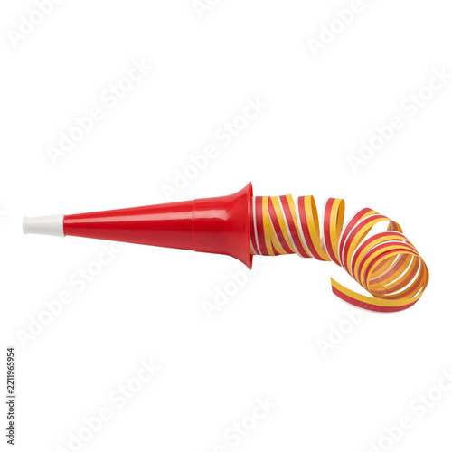 Party horn blower with a coiled paper streamer