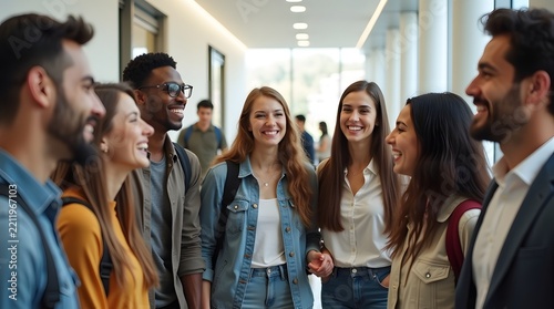 A diverse group of young adults, including men and women, engaging in lively conversation in a modern university hallway.