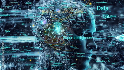 Super Intelligence technology background with cyborg face.