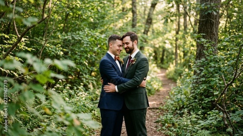 Two happy grooms in suits embrace each other while standing on a forest path.