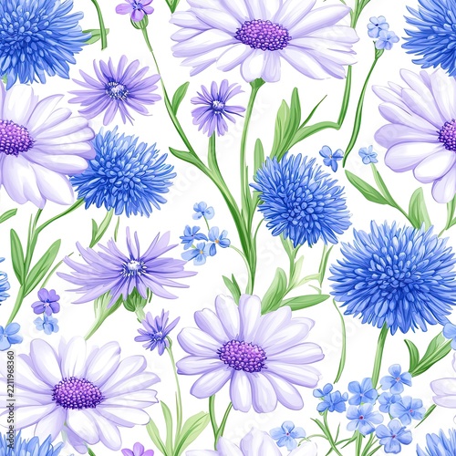 Green stems and leaves with spring wildflowers repeating in purple, blue, white tones, floral decorative motif for textile or print