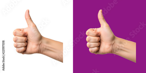 Human hand making a thumbs up gesture showing approval and positive success