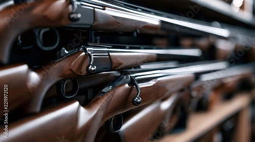 Rows of modern hunting rifles and shotguns with wooden stocks neatly displayed on a shop rack, polished metal and barrels highlighted against a dark background for sale and sport