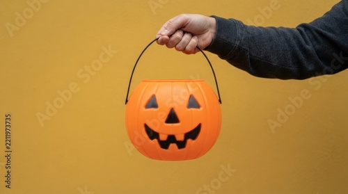 Hand Holding Orange Halloween Pumpkin Bucket