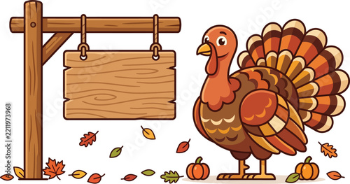 A festive thanksgiving scene featuring a plump turkey and a blank wooden sign perfect for holiday greetings and autumnal celebrations