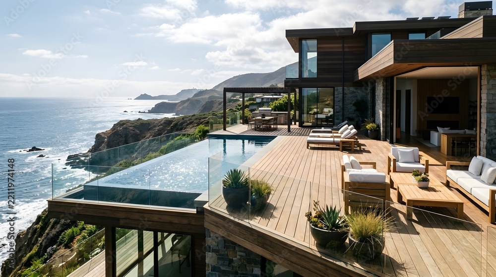 Obraz premium Modern Cliffside Home with Ocean View Wood Deck