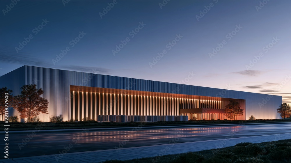 Fototapeta premium Contemporary architectural building illuminated at dusk with clean lines for commercial development and urban design.
