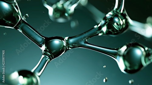 Molecular network structure with metallic spheres and green tones for science technology and research concepts.