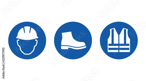 Mandatory safety gear signs featuring blue and white icons for construction site regulations