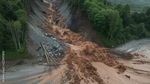 A massive landslide swept down through the forest canyon, completely blocking and destroying the road running below, burying it under tons of earth and rocks.