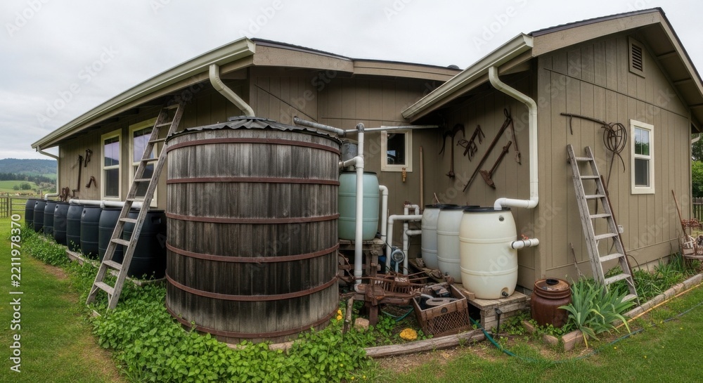 Obraz premium Sustainable Living Rustic Rainwater Harvesting System with Large Wooden Barrel and Plastic Tanks