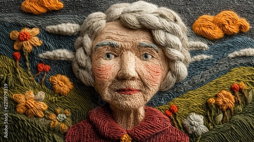 A textured needlepoint portrait of an elderly woman with gray braided hair, framed by a landscape of yarn flowers and clouds. AI.
