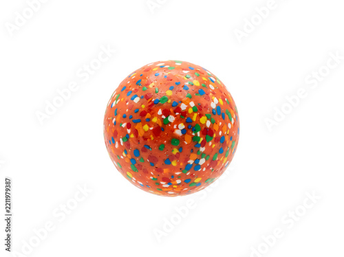 A vibrant orange bouncy rubber ball speckled with colorful multi-colored confetti dots, captured from a front perspective, isolated cutout on a clean transparent background for fun toy design