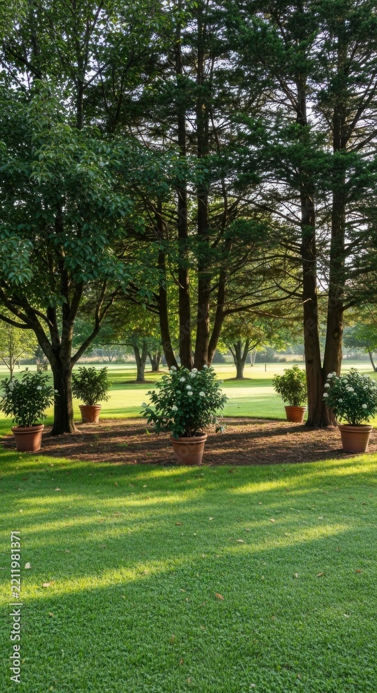 Obraz premium Serene Garden with Potted Plants and Tall Trees in Gentle Sunlight