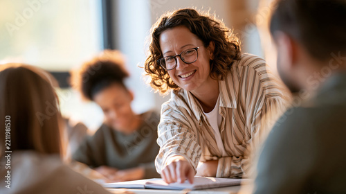 Mid adult female teacher helping diverse high school students in a classroom european teacher cropped at the shoulders leaning over a desk pointing at a notebook multiethnic students seen