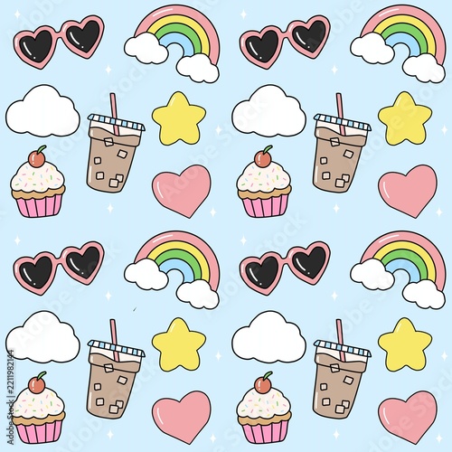 Cute Weather and Food Icons Set Seamless pattern background