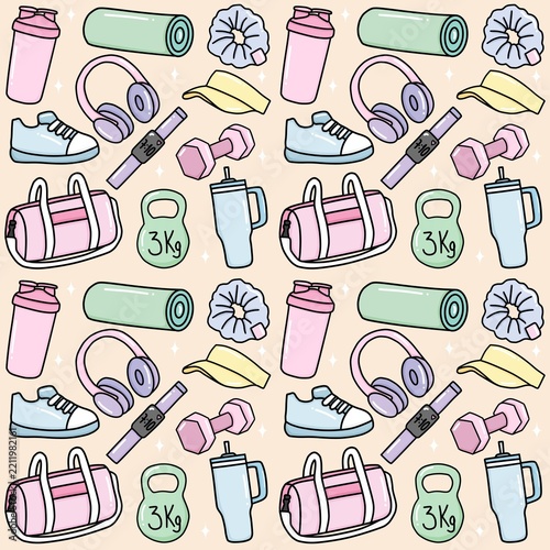 Pastel Fitness Items Flat Design Seamless Pattern Background