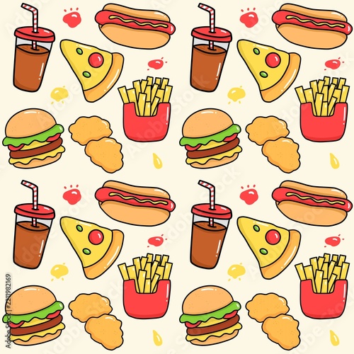 Cartoon Fast Food Seamless Pattern Background