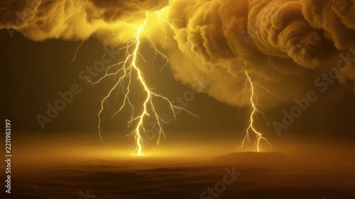 Powerful lightning bolts strike from suffocating sand clouds, turning the raging storm into a deadly force of nature. Photo with space for text.