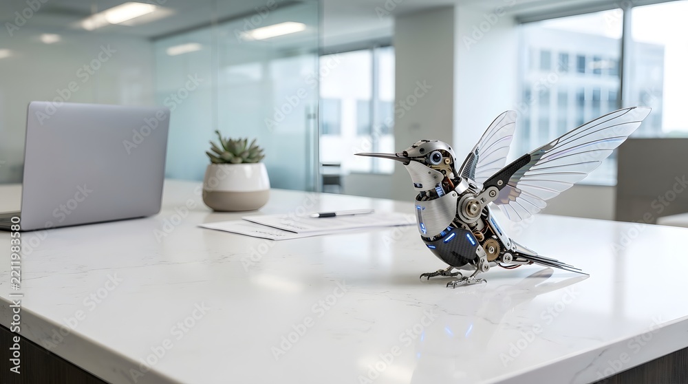 Fototapeta premium Bionic Hummingbird with Spread Wings on Executive Desk