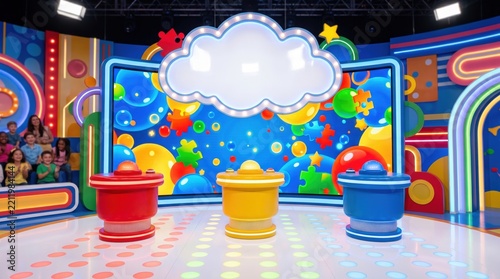 Colorful childrens game show stage with three podiums and a large cloud shaped screen for graphics in a bright studio setting
