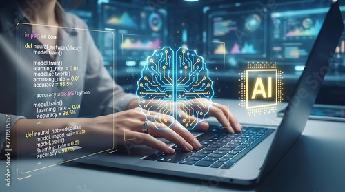 Woman coder developing machine learning software with holographic brain and code overlays.