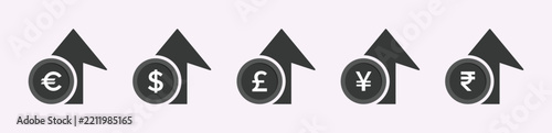 Price increase vector icons symbols. Dollar, Pounds, Yen, Rupee, Euro rate rise icon signs set