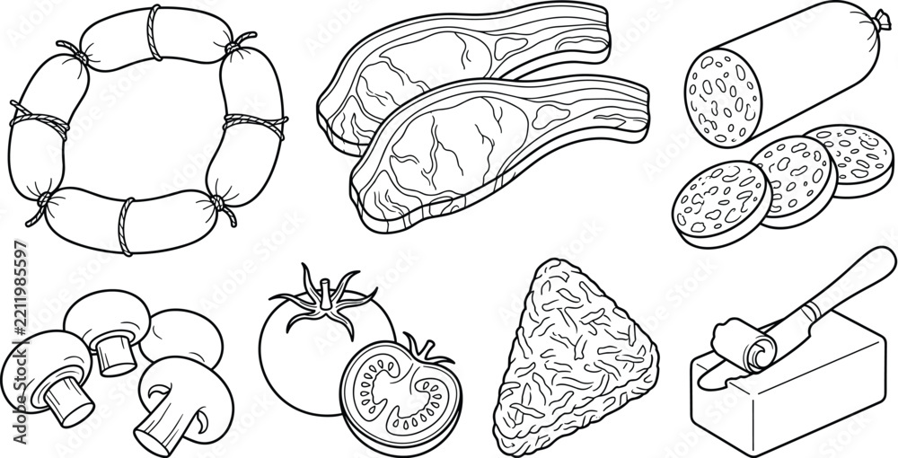 Obraz premium Butcher Meat Ingredients Vector Icon Set with Steak Sausages Salami Mushrooms Tomatoes Hashbrown and Butter Outlines for Coloring Books and Menu Designs
