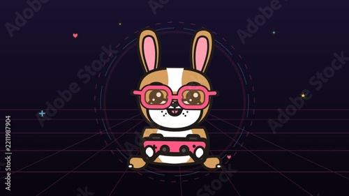 Cute cartoon rabbit character wearing glasses playing video games on a dark background.