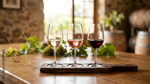 Wine Flight Tasting Board with Three Varieties on Rustic Wooden Table