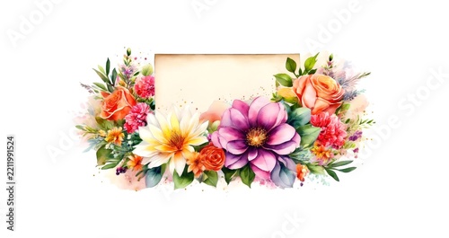 Watercolor floral greeting card template with colorful flowers bouquet and copy space on white background