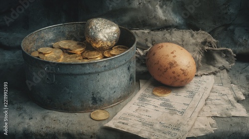gold coins and egg in rustic setting