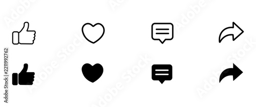 Social Media Interaction Line and Solid Icon Set Vector Illustration for Like Heart Comment and Share Symbol