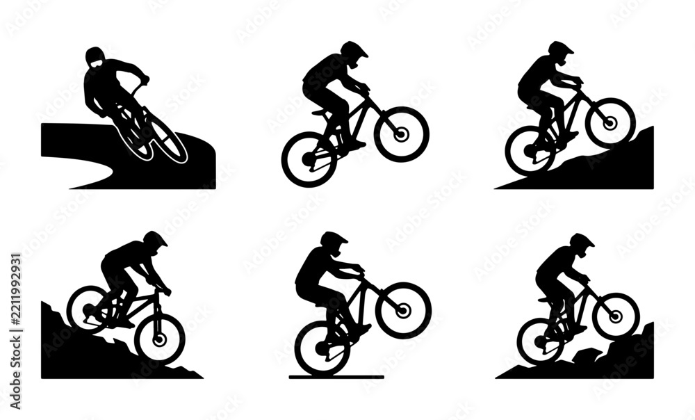 Obraz premium Mountain biker silhouettes set with jumps, downhill riding and stunts for extreme sports and cycling themes