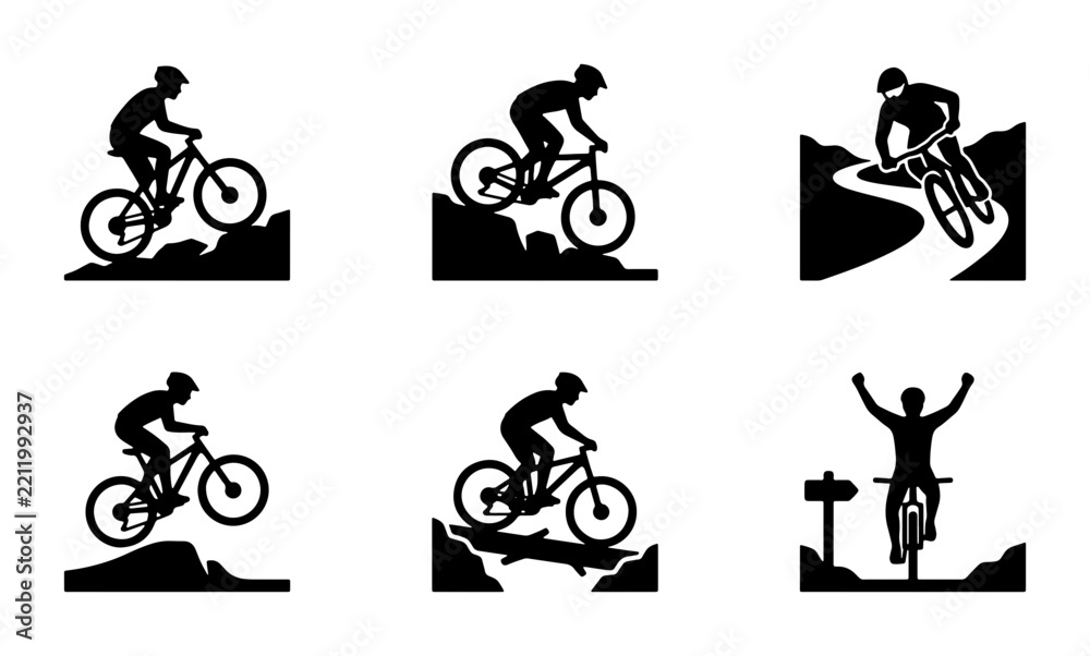 Obraz premium Mountain bike silhouettes set with downhill racing, jumping and winning for sport logo