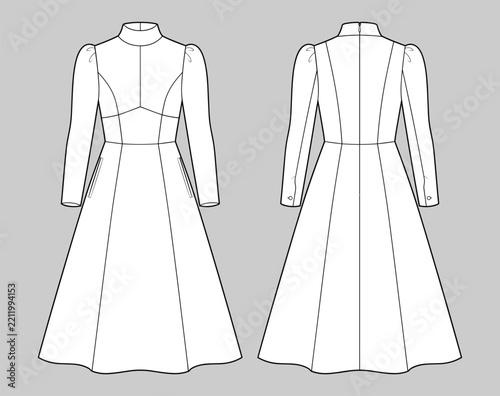 Women high neck long puff sleeve maxi dress front back flat sketch