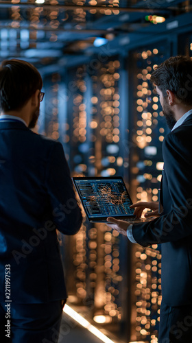 Business professionals analyzing server and cloud database network infrastructure inside a modern data center two european professionals seen from behind in a clean brightly lit