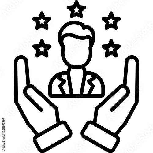 Person at podium with stars and hands Icon