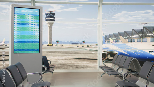 Empty airport terminal shows flight cancellation and delay alerts on board screen, reflecting postponed travel, stranded passengers and missed connections.