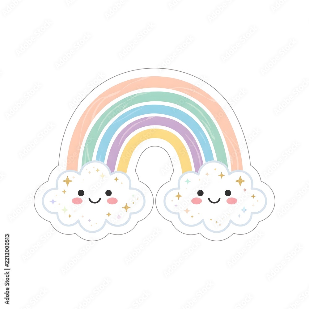 Fototapeta premium Pastel rainbow with smiling clouds sticker, cute vector art