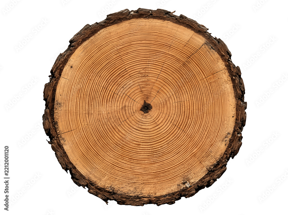 Fototapeta premium A detailed topdown view of a circular wooden log crosssection showing distinct annual growth rings and rough bark texture, isolated on transparent background