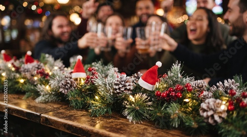 Christmas party at a bar, focus on foreground decorations