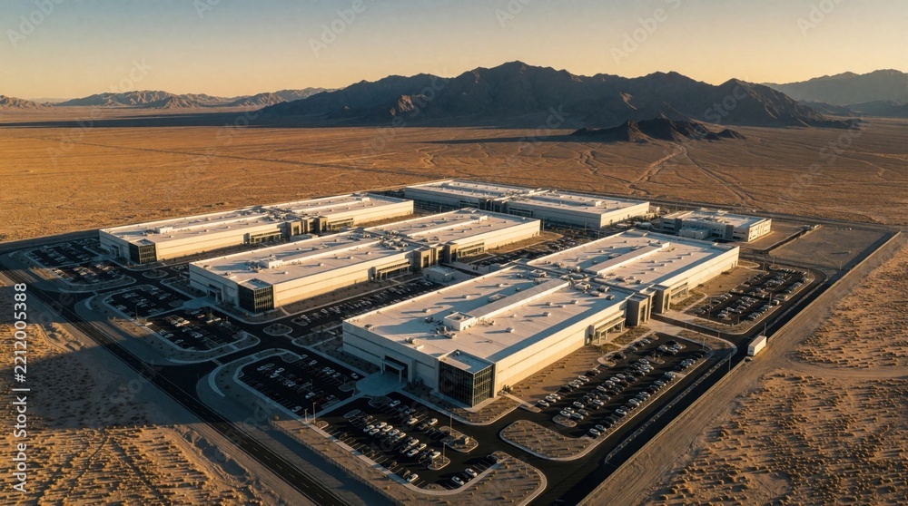 Fototapeta premium Aerial view of large modern data center campus in desert landscape. High tech server facility buildings sit near mountains under golden dusk sky. Industrial cloud computing complex with huge parking