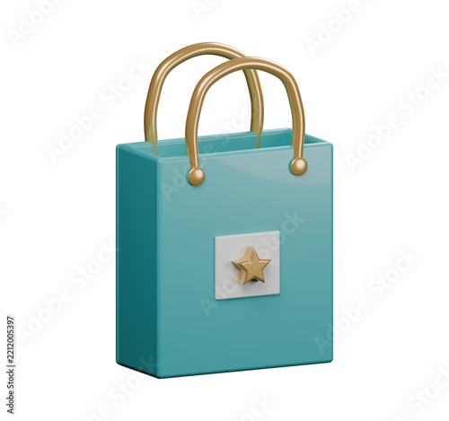 Teal Shopping Bag with Star 3D Ecommerce Icon - Alternate View B